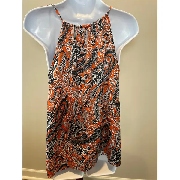 Ann Taylor Top Orange Navy Paisley Racerback Spaghetti Strap Size M - Image 3