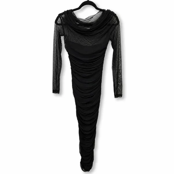 NEW Lulus Sunama Black Mesh Ruched Long Sleeve Bodycon Cocktail Midi Dress Small - Image 6