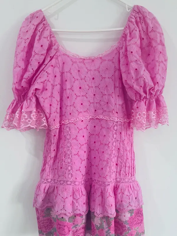 Pink Eyelet Lace Floral Mini Dress Coquette Cottagecore Babydoll S - Image 4