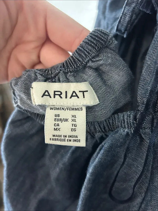 Ariat flowy dark blue open back distressed western Denim Spaghetti Midi Dress - Image 5