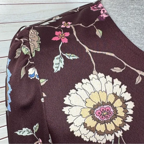 Vince Camuto Floral‎ Puff Sleeve Button Front Blouse Brown Pink Small Wildflower - Image 6