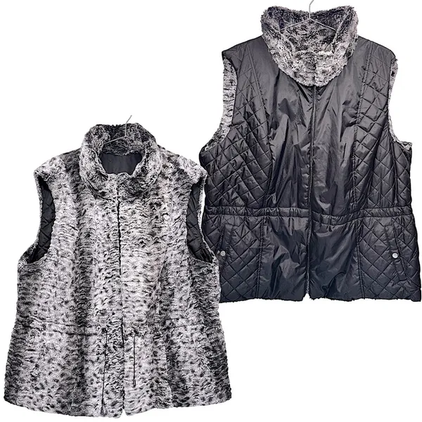 Reversible Vest Leopard Faux Fur Quilted Black with Fur Trim Vintage Y2K Mobwife - Image 2