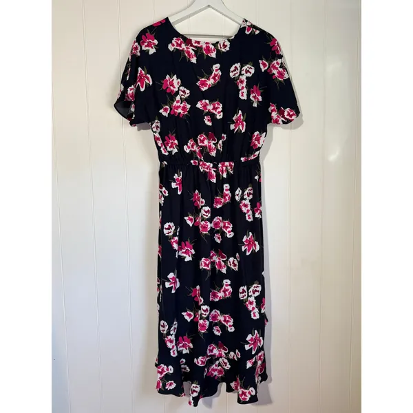 J.Crew Floral Wrap Dress Blue Pink V Neck Short Sleeve Medium - Image 4