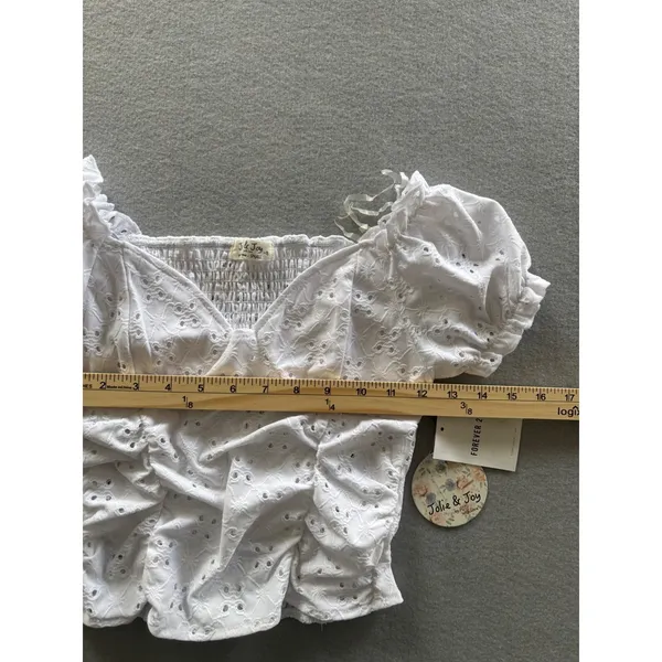 Jolie & Joy‎ Eyelet Crop Top Small White Ruched Puff Sleeve Smocked Sweetheart - Image 7