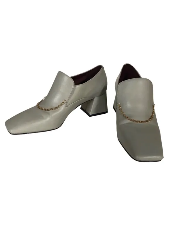 Charles & Keith Gray Leather Block Heel Chain Loafers (36) - Image 2