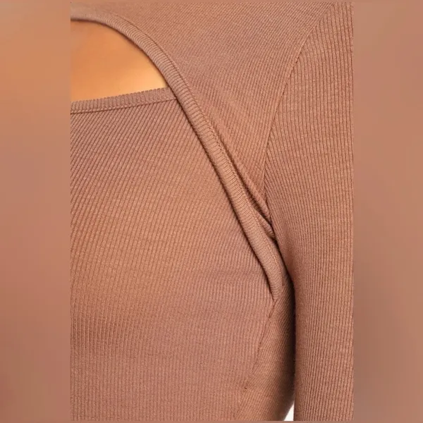 Coach NWT Lulus Flirty Little Secret Toffee Ribbed Mock Neck Cutout Top Size S - Image 2