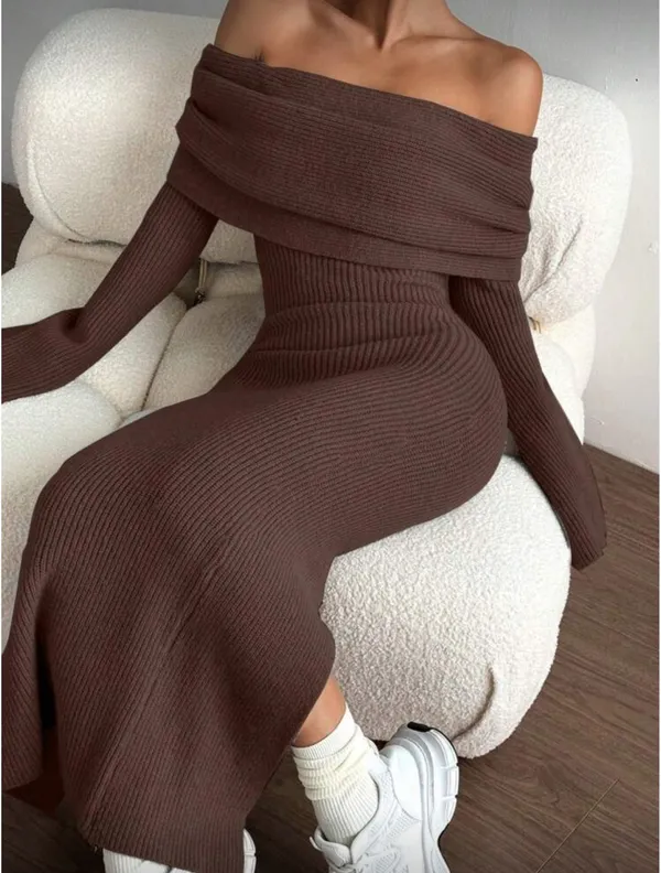 MOOSTA Elegant Charming Foldover Chocolate Brown sweater dress - Image 4