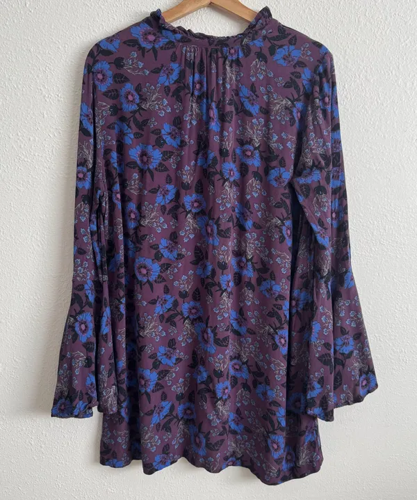 Free People Wine Purple Blue Boho Floral Mystery Bell Sleeve Tunic Blouse - Image 11