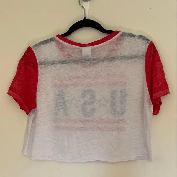 Modern Lux L USA Graphic Sheer Cropped T-Shirt Red White Blue Patriotic Preppy - Image 4