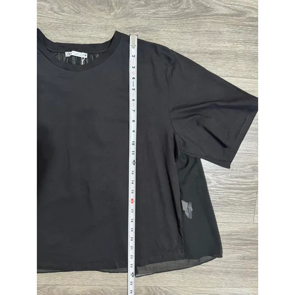 Zara Women Top Large Black Mixed Media Chiffon Sheer Back Short Sleeve Oversized - Image 6