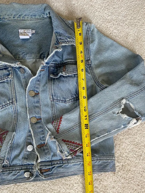 Vintage Calvin Klein Distressed Denim Jacket Embroidered Sleeves Women’s Sz M - Image 8