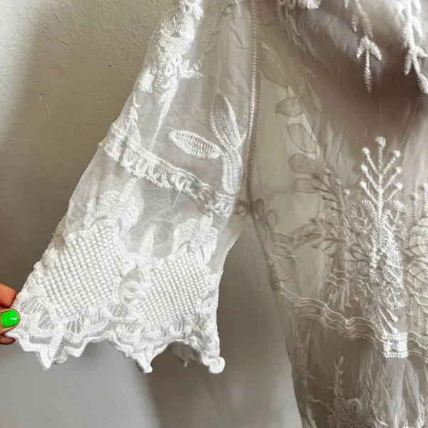 White Lace Kimono Duster‎ Ethereal Boho Cottagecore Festival Layering Medium - Image 2