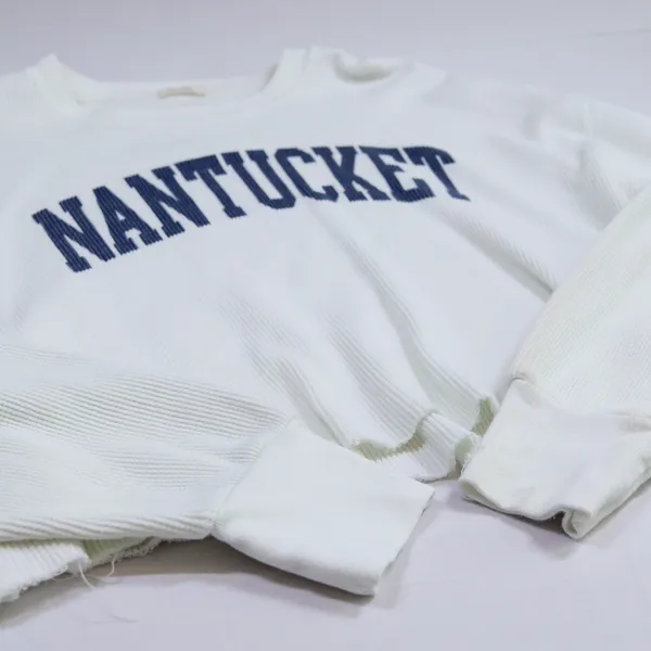 John Galt Nantucket Graphic Thermal Top‎ Women OS White Blue Cropped Waffle Knit - Image 5