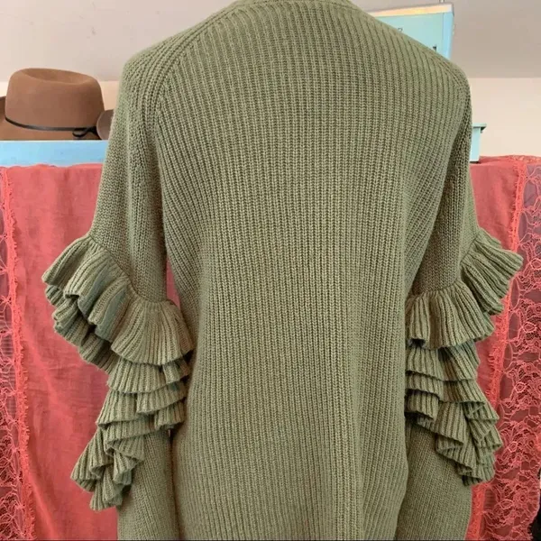 BP Olive Green Ruffle Cut Out Sleeve Sweater M - Image 5