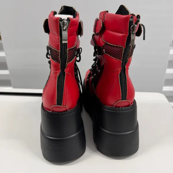 Red Platform Boots Gothic Punk Studded Mesh Wedge Ankle Boots Red Black Size 38 - Image 6