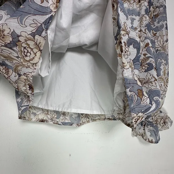 Ann Taylor‎ Factory MP Floral Damask Blouse Blue Tan Ruffle Cuff Long Sleeve - Image 7