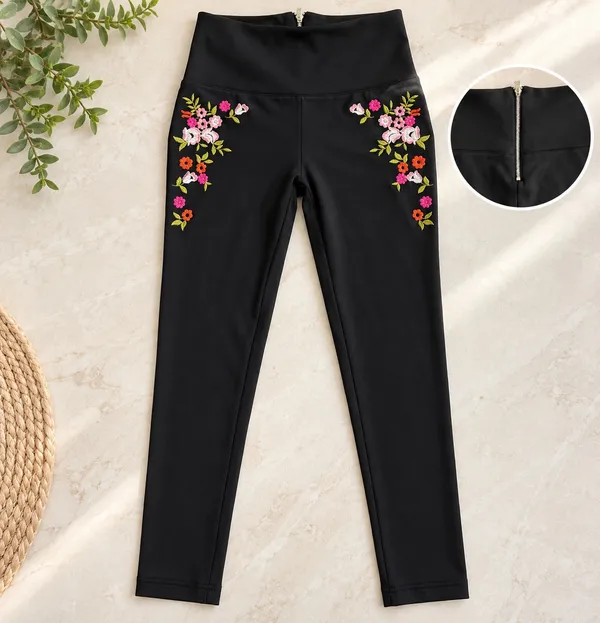 Black Floral Embroidered Bodysuit & Leggings Set - Image 2