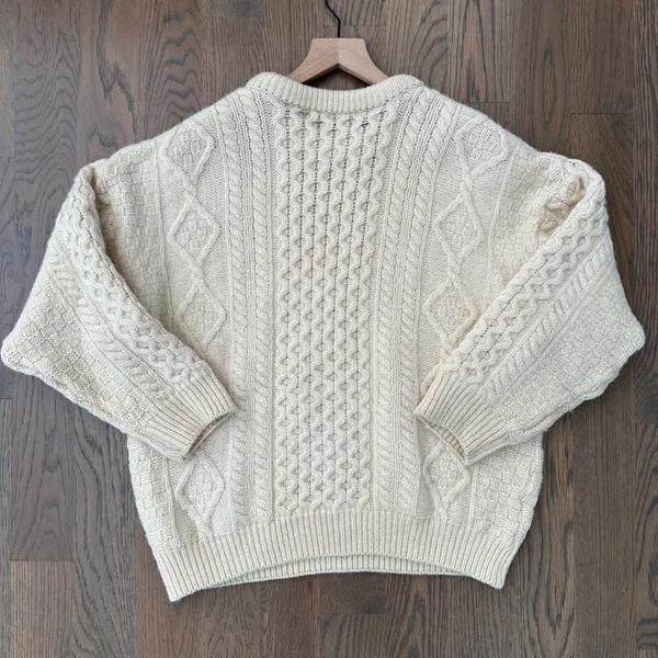 Anthropologie Vintage Celtic Country 100% Wool Irish Cable Knit Crew Neck Sweater Cream Large - Image 7