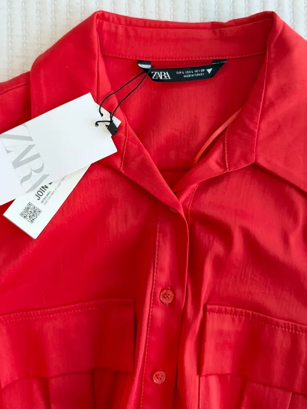 Zara Red Poplin Mini Shirt Dress with Long Sleeves NWT - Image 5