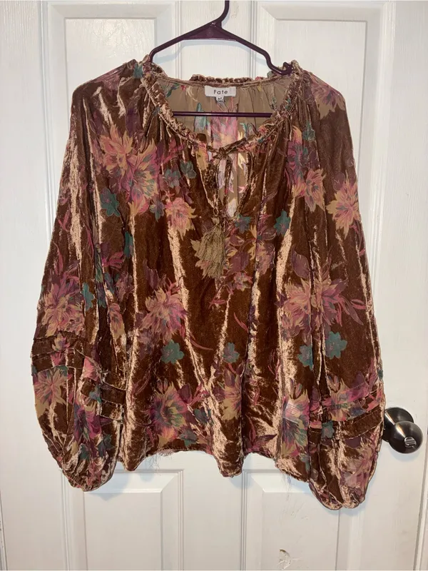 Fate Brown Velvet Floral boho sheer Tie-Neck Peasant Blouse - Image 2