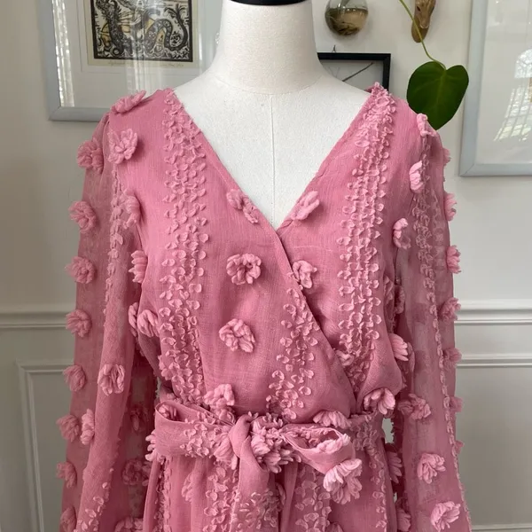 A.Calin Flying Tomato Pink Long Sleeve Pom Pom Mini Dress L - Image 3