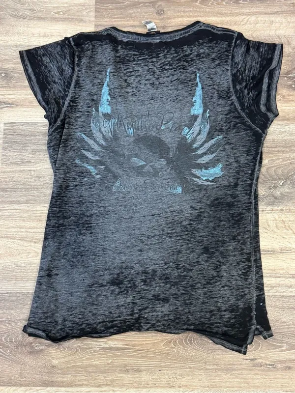 Harley Davidson Acid Wash Skull V Neck Tee Shirt Women’s XL - Image 4