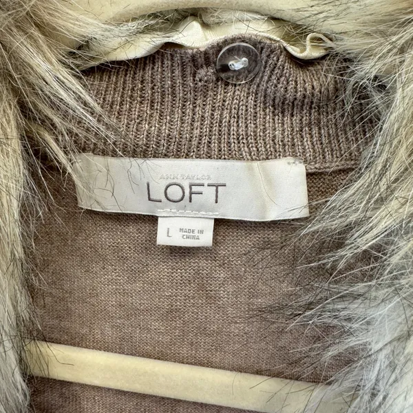 Loft Faux Fur Collar Open Front Cardigan Tan Heather Knit Pockets Large Neutral - Image 7