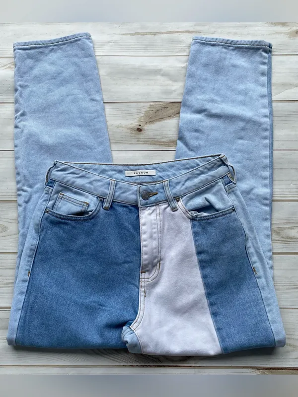 PacSun mixed denim patchwork high waist mom jeans retro boho fall winter 25 - Image 2