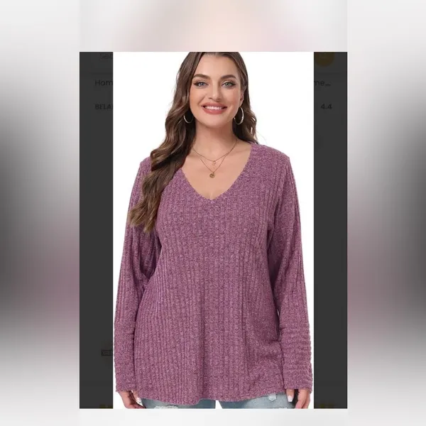 Belaroi plus size, ribbed V-neck, long-sleeve top in a mauve or purple-ish color - Image 6