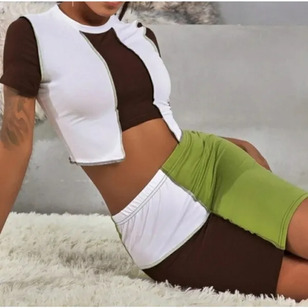 Y2k Cider Lime Green & Brown Colorblock Patchwork Skirt Set Medium Cute - Image 3