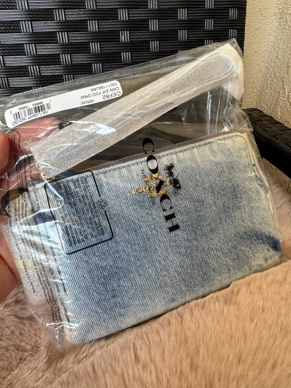 NWT Coach Corner Zip Wristlet Loved Denim With Charms CEF82 Gold/Light Indigo - Image 2