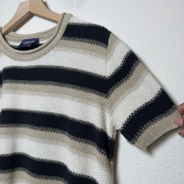VTG‎ 90s Women Cotton Open Knit Sweater Large Preppy Tan Striped Black Coastal - Image 5
