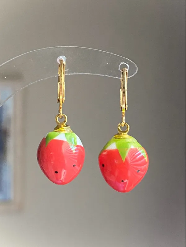 Handmade Kawaii retro fairy y2k ceramic strawberry earrings🍓🐛⭐️🌀 - Image 3