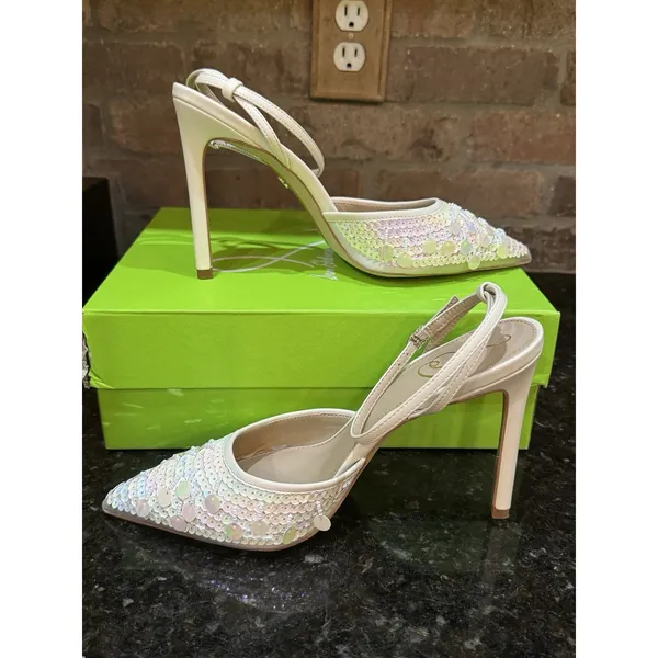 Sam Edelman Avril Pump Womens Ivory Sequin Ankle Strap Stiletto Heel Size 10 - Image 4
