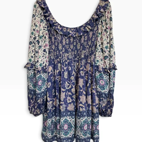 Spell Clairvoyant Mini Dress Blue Floral Paisley Smocked Boho Medium - Image 6