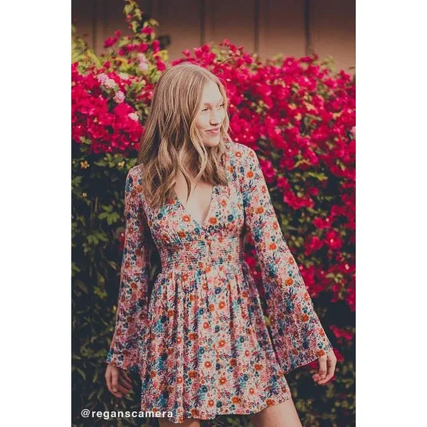 Urban Outfitters Floral Elise Smocked-Waist Mini Dress Size Large - Image 2
