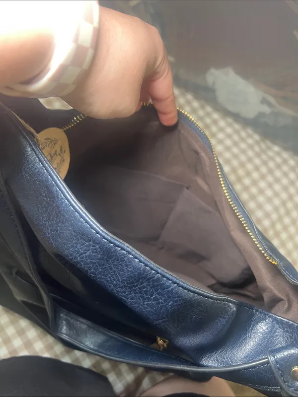 Navy Leather Shoulder Bag with Gold Hardware - Women's - Image 7