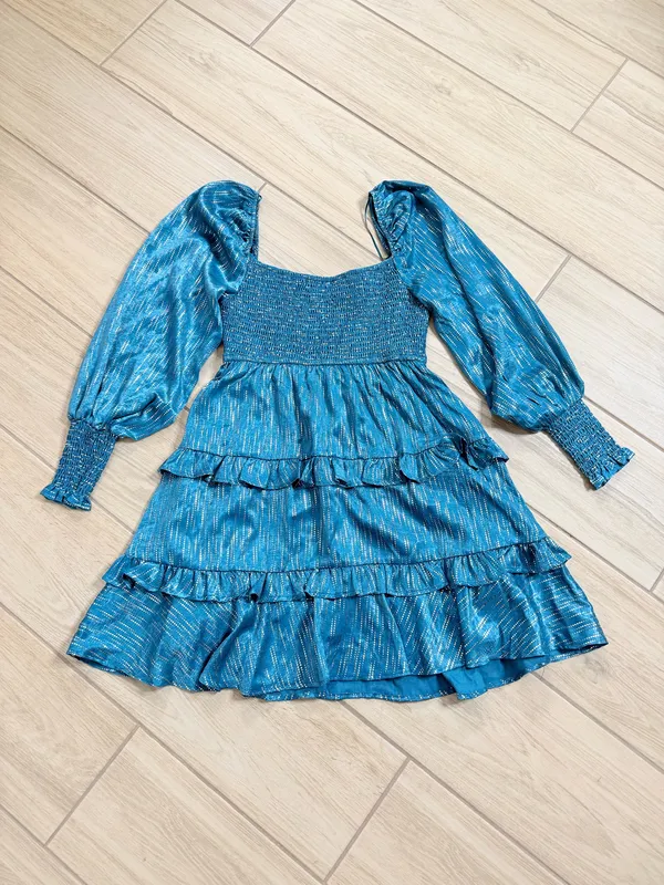 VICI Teal Metallic Stripe Tiered Mini Dress Smocked Puff Sleeve NWOT Size M - Image 7