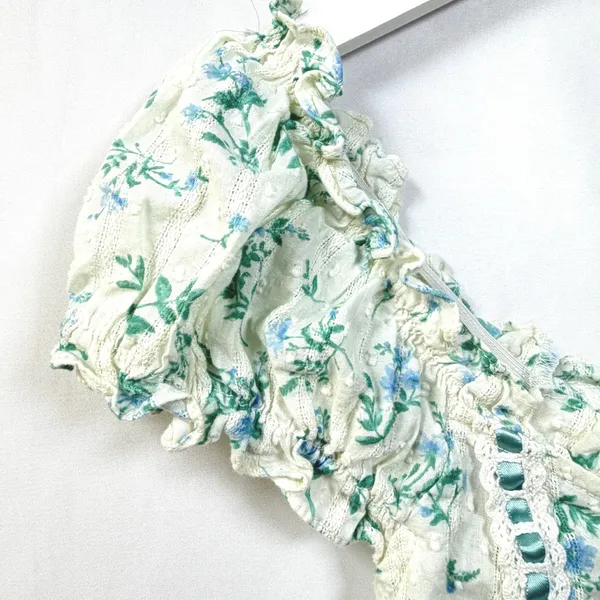 Mine Floral Swiss Dot Crop Top Lace Ribbon Puff Sleeve White Blue Women's‎ L - Image 5