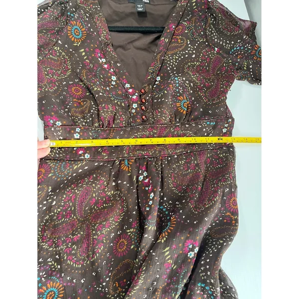 H&M Brown Paisley Floral Print Sheer‎ Flutter Sleeve Midi Dress Women US 6 - Image 7