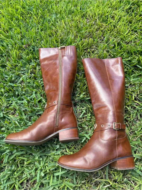 Michael Kors Heather Boots Women’s Brown Leather Knee High Riding Logo Strap - Image 2