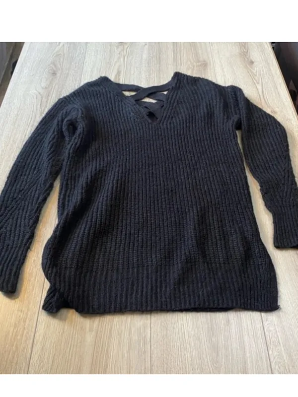 It's Our Time Black Crisscross V-Neck Ribbed Sweater sweatshirt - Image 2