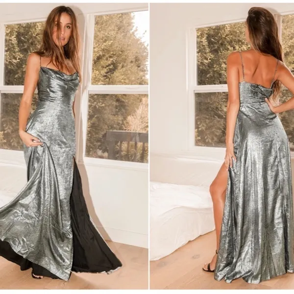 LULU's Bridesmaid Prom Wedding Flowy Cowl Neck Metallic Silver Maxi • X-Small - Image 3