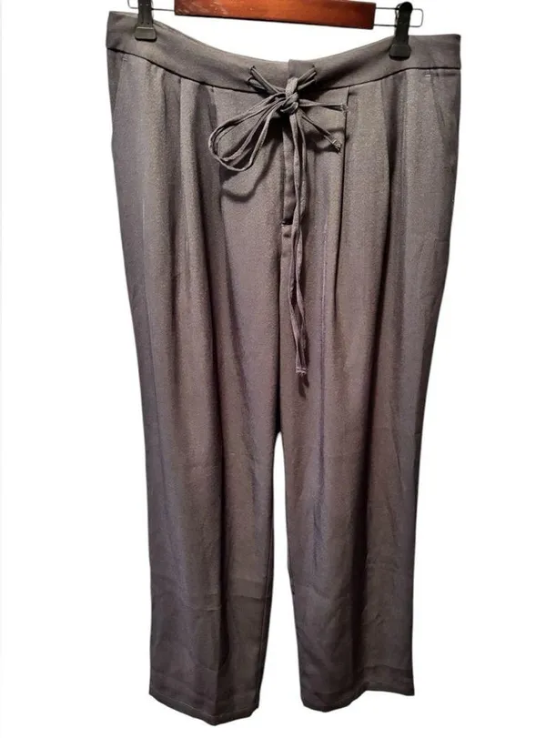 High Waisted Drawstring Zipper Side Pocket Plain Wide Leg Pants Sz L Gray - Image 2