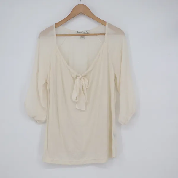 French Laundry Cream Sheer Raglan 3/4 Sleeve Tie Front Blouse Large - Image 2