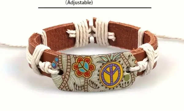 Vibrant Chic Peace Symbol Bohemian Leather Cuff Bracelet - Print - Image 3