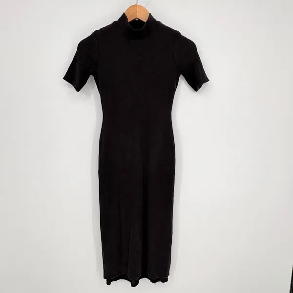 Marine‎ Layer Lexi Rib Mock Neck Midi Dress Womens XS Black Short Sleeve Slit - Image 5