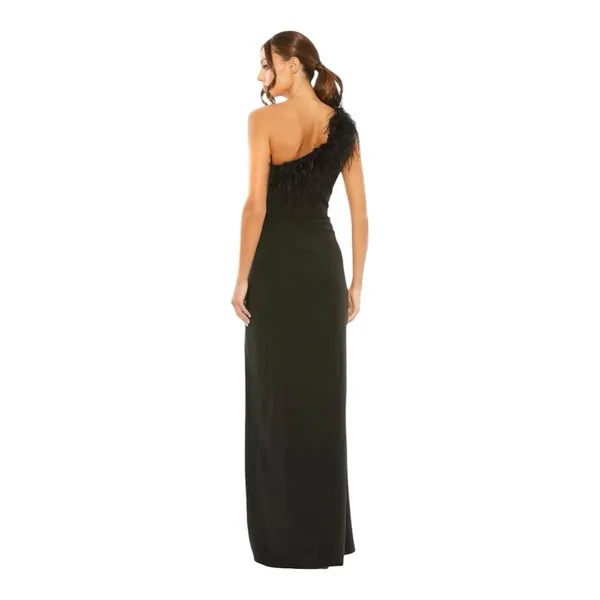 Mac Duggal 68456 Black One Shoulder Feather Trim Gown Size 6 Maxi Dress - Image 13