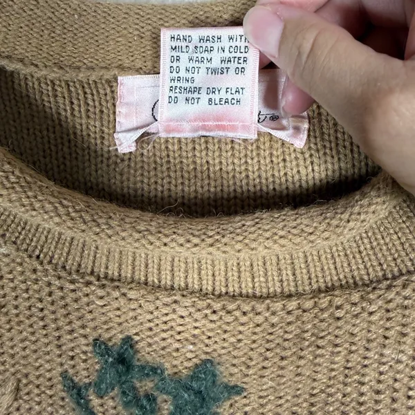 Jaclyn Smith Womens Patchwork Floral Knit Sweater Tan Cream Green Size M - Image 6