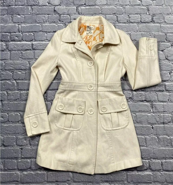 Tulle Peacoat medium Ivory Wool Blend Long Jacket Old Money Career Button-Up - Image 3